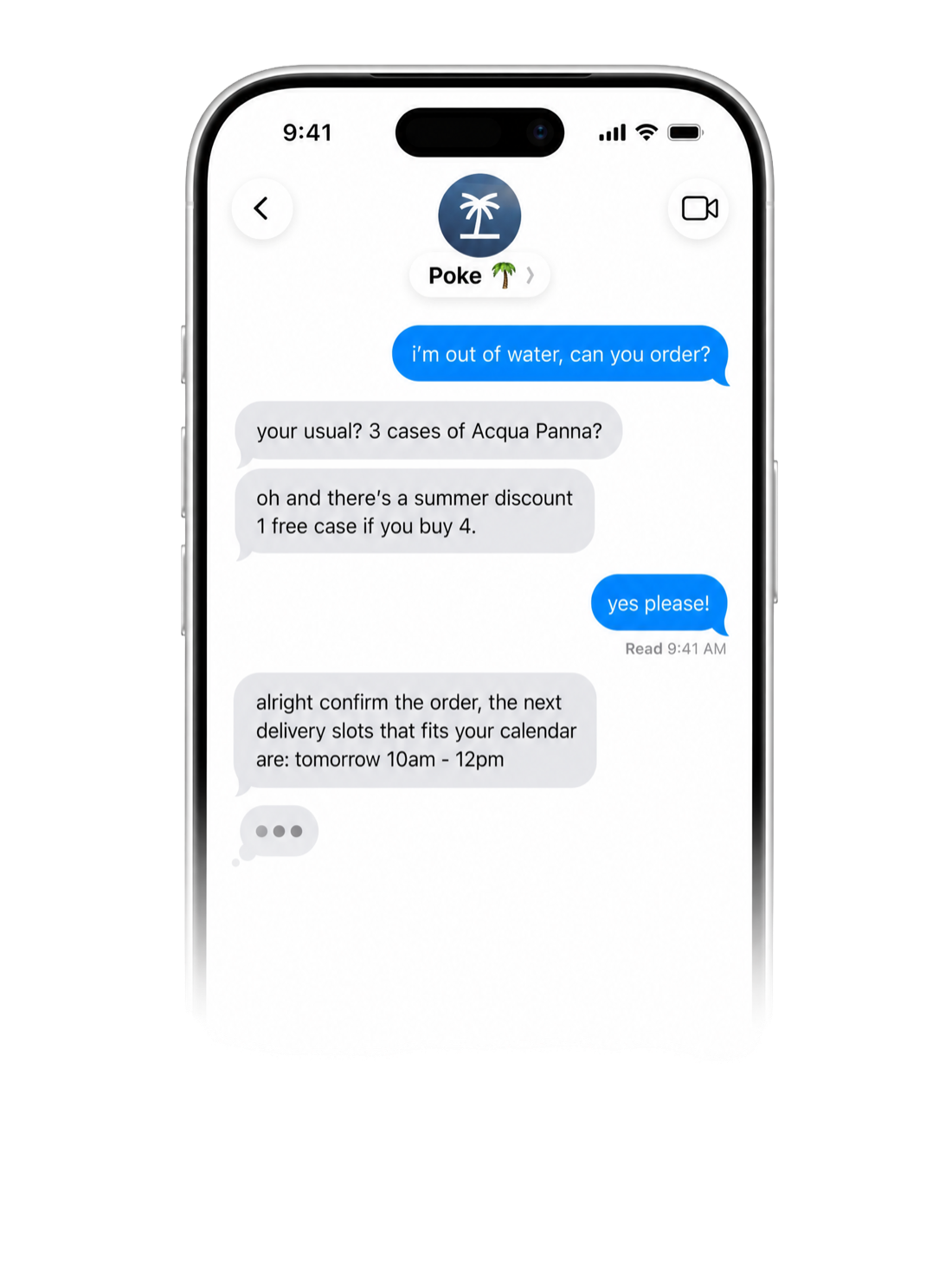 Texting Poke to reorder water — the whole interaction is one message